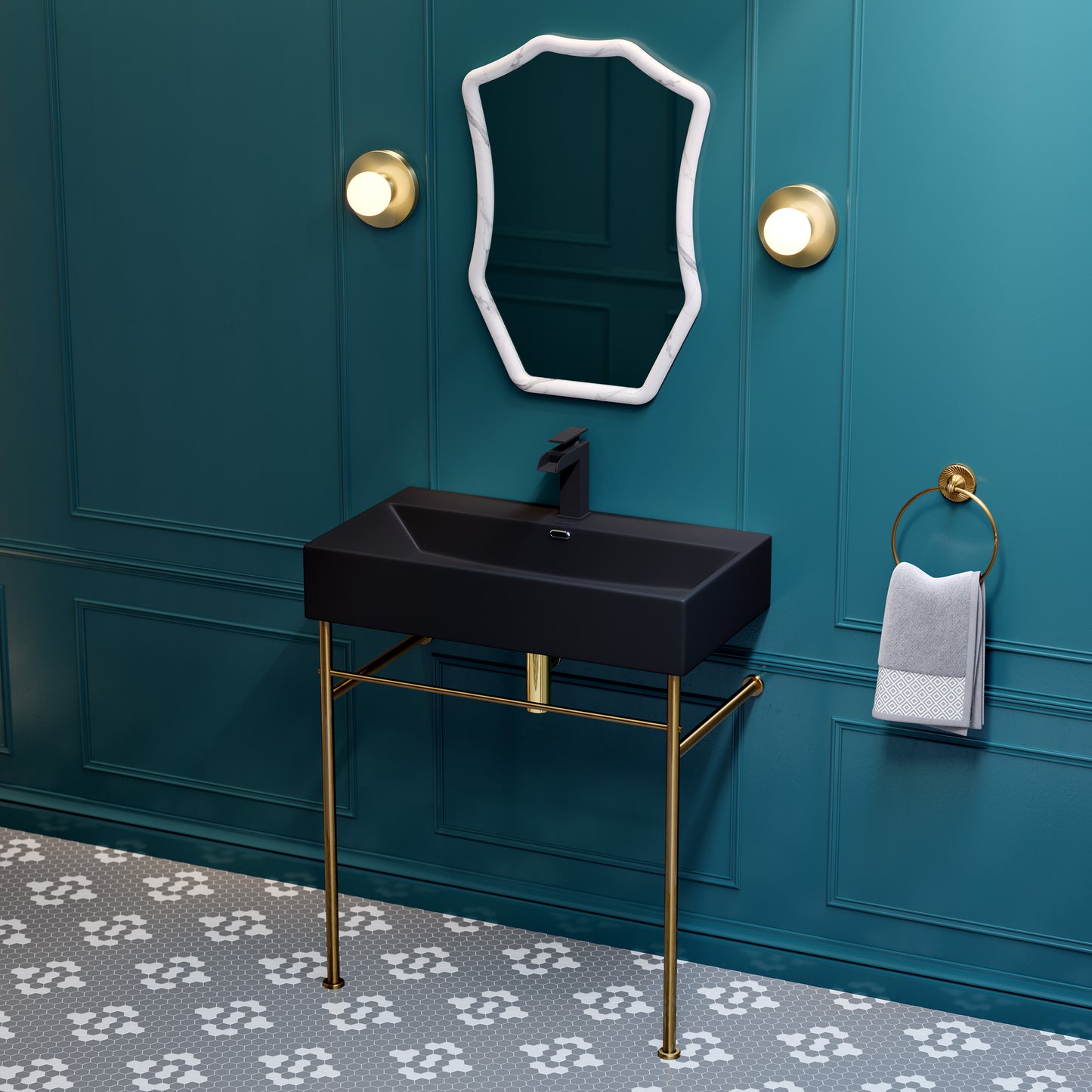 Swiss Madison, Claire 30 Ceramic Console Sink Matte Black Basin Brushed Gold Legs