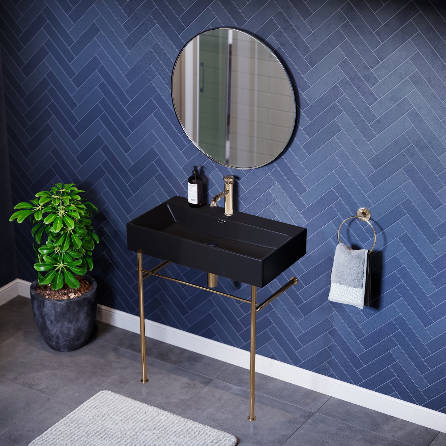 Swiss Madison, Claire 30 Ceramic Console Sink Matte Black Basin Gold Legs