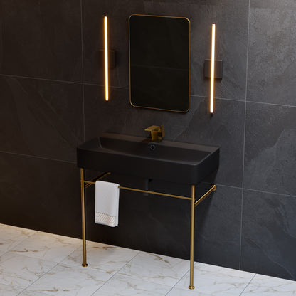 Swiss Madison, Carre 36 Ceramic Console Sink Matte Black Basin Brushed Gold Legs