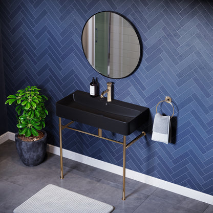 Swiss Madison, Carre 36 Ceramic Console Sink Matte Black Basin Gold Legs