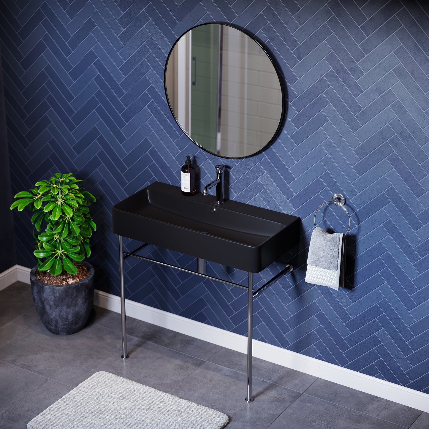 Swiss Madison, Carre 36 Ceramic Console Sink Matte Black Basin Chrome Legs
