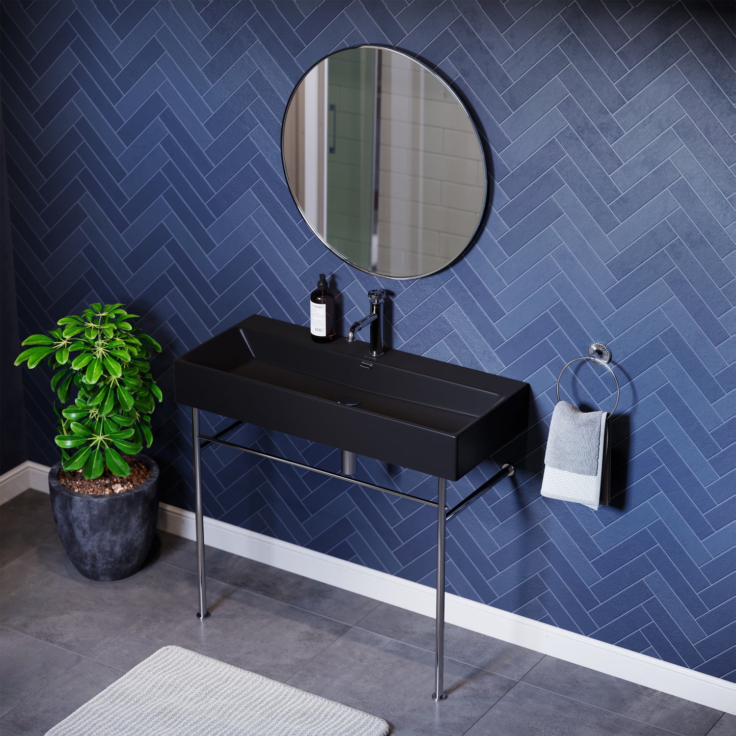 Swiss Madison, Claire 40 Ceramic Console Sink Matte Black Basin Chrome Legs