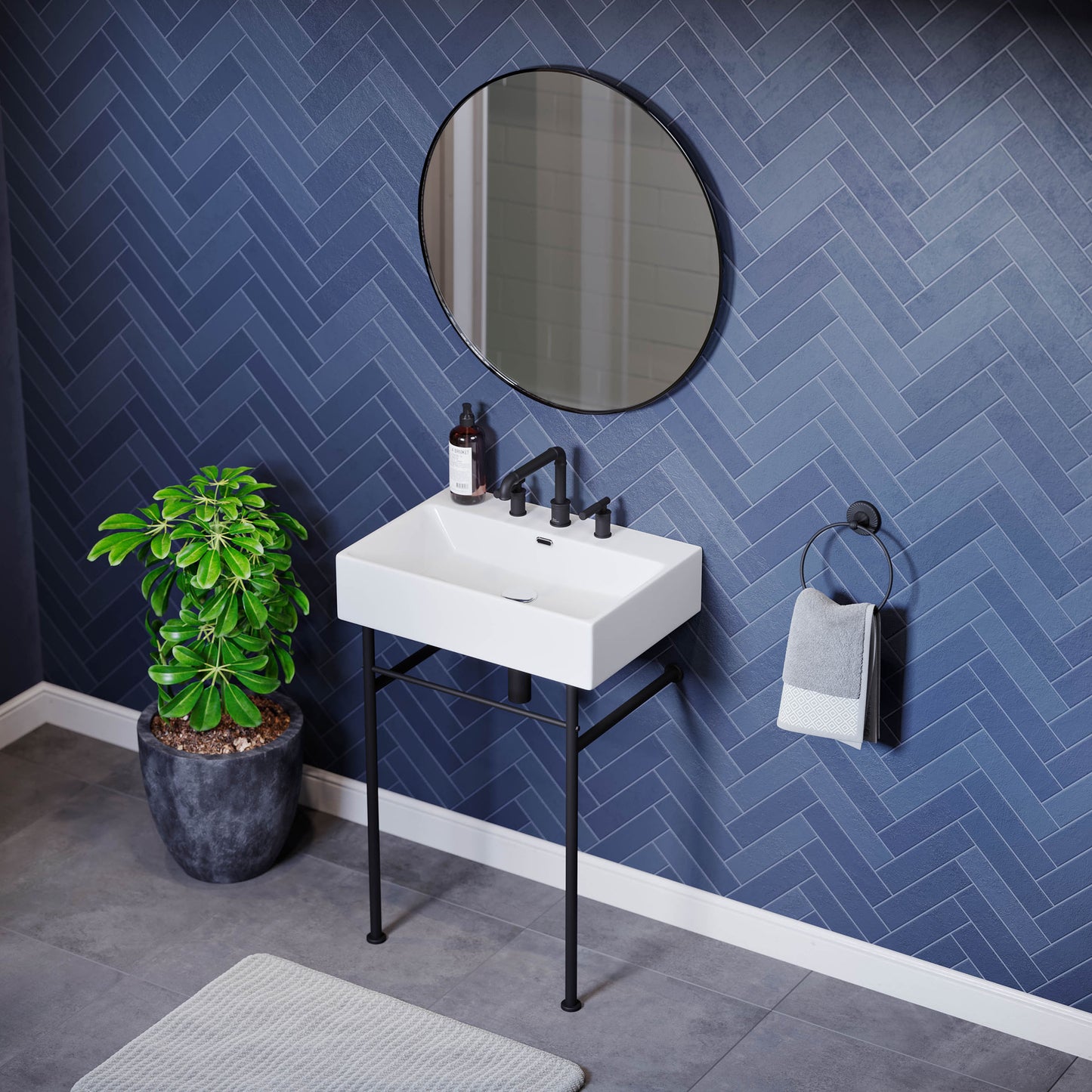 Swiss Madison, Claire 24" Console Sink White Basin Black Legs with 8" Widespread Holes