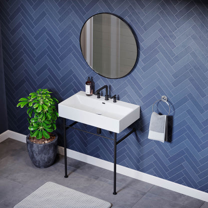 Swiss Madison, Claire 30" Console Sink White Basin Black Legs with 8" Widespread Holes