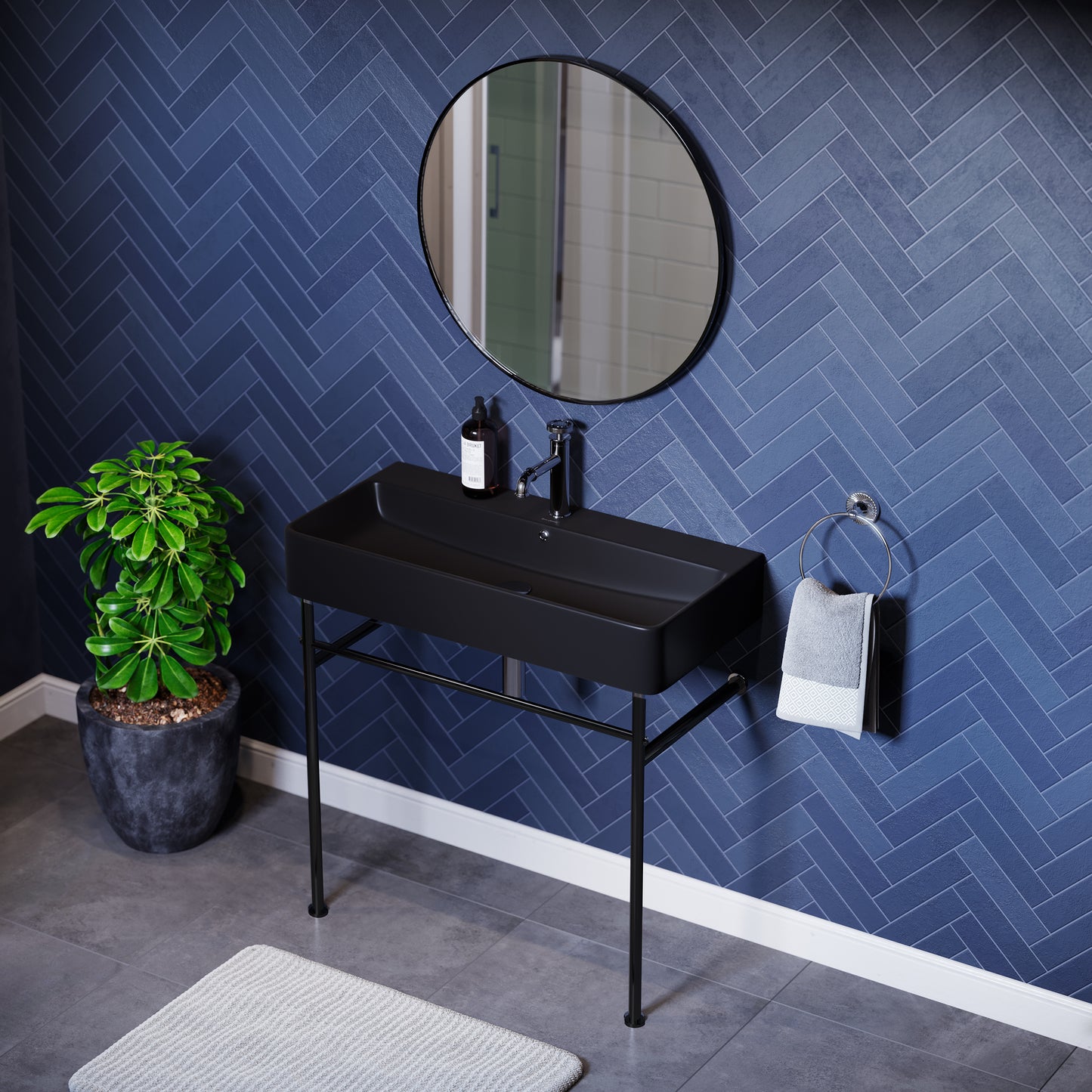 Swiss Madison, Carre 36 Ceramic Console Sink Matte Black Basin Black Legs