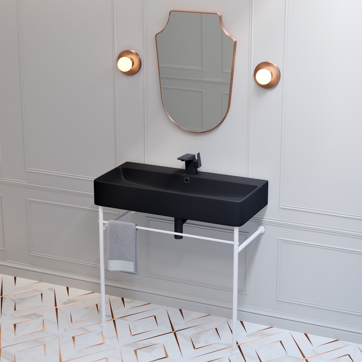 Swiss Madison, Carre 36 Ceramic Console Sink Matte Black Basin Matte White Legs