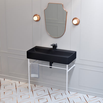 Swiss Madison, Carre 36 Ceramic Console Sink Matte Black Basin Matte White Legs