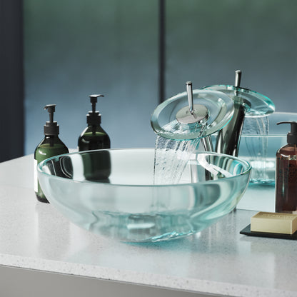 Swiss Madison, Cascade 16.5 Glass Vessel Sink with Faucet, Clear