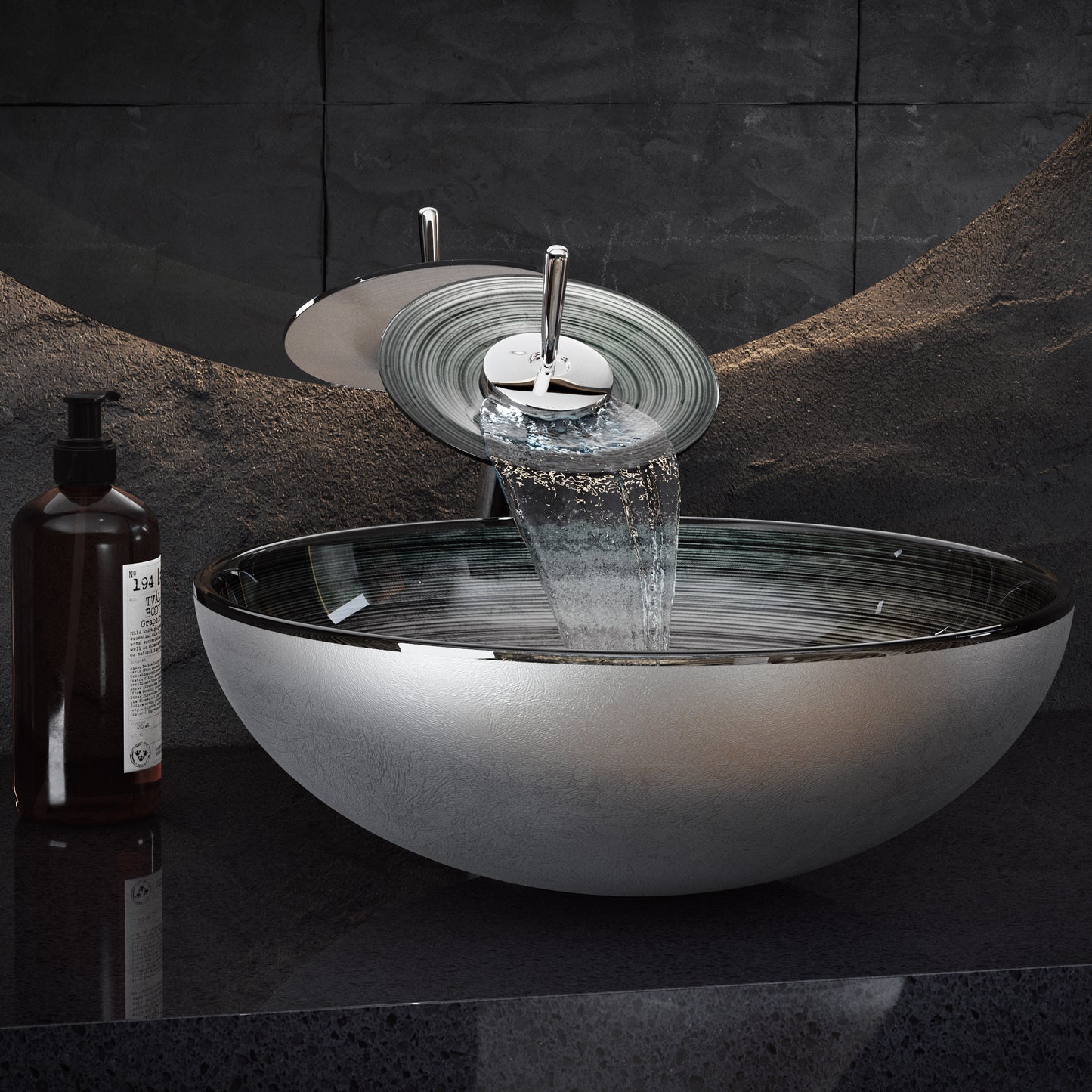Swiss Madison, Cascade 16.5 Glass Vessel Sink with Faucet, Smoky Grey