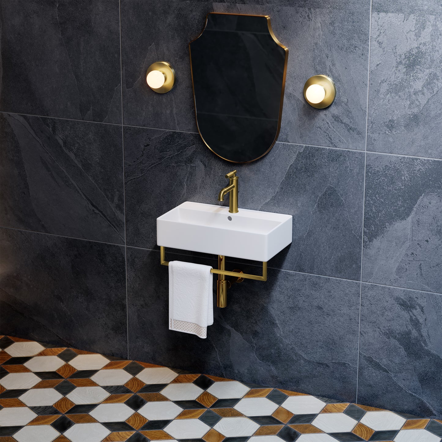 Swiss Madison, Claire 22" Wall-Mount Bathroom Sink with Brushed Gold Towel Bar