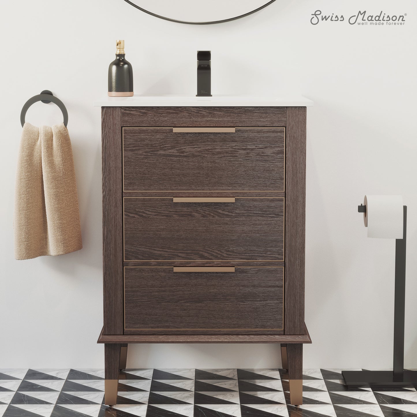 Swiss Madison, Hugo 24" Freestanding Bathroom Vanity in Brown Oak with Sink Top