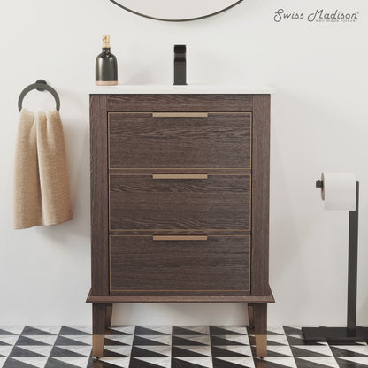 Swiss Madison, Hugo 24" Freestanding Bathroom Vanity in Brown Oak with Sink Top