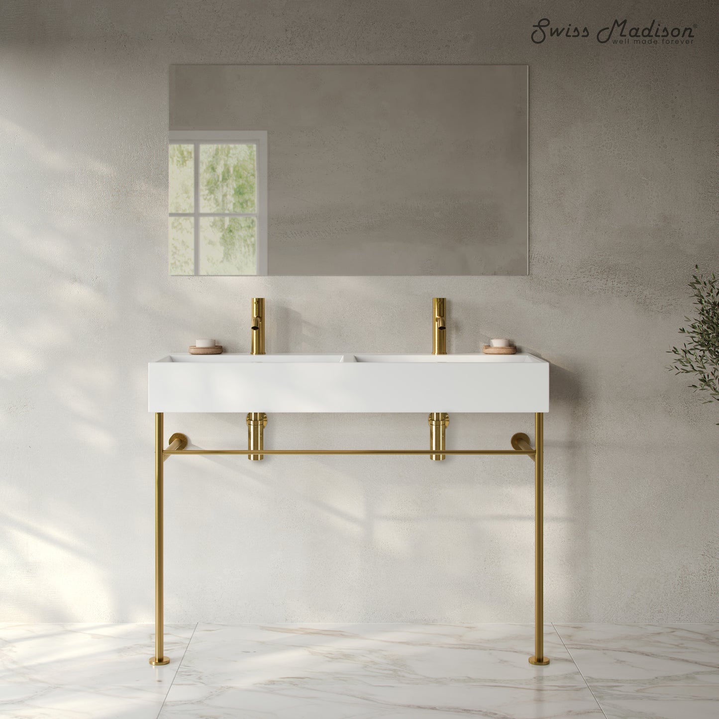 Swiss Madison, Claire 48" Double Basin Console Sink with Brushed Gold Legs