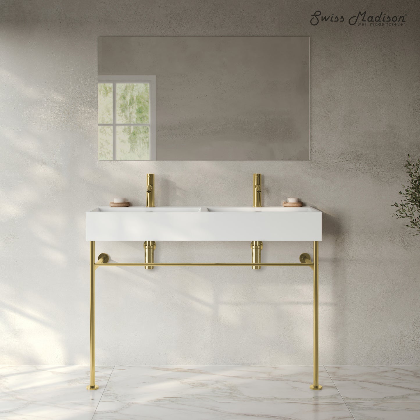 Swiss Madison, Claire 48" Double Basin Console Sink with Glossy Gold Legs