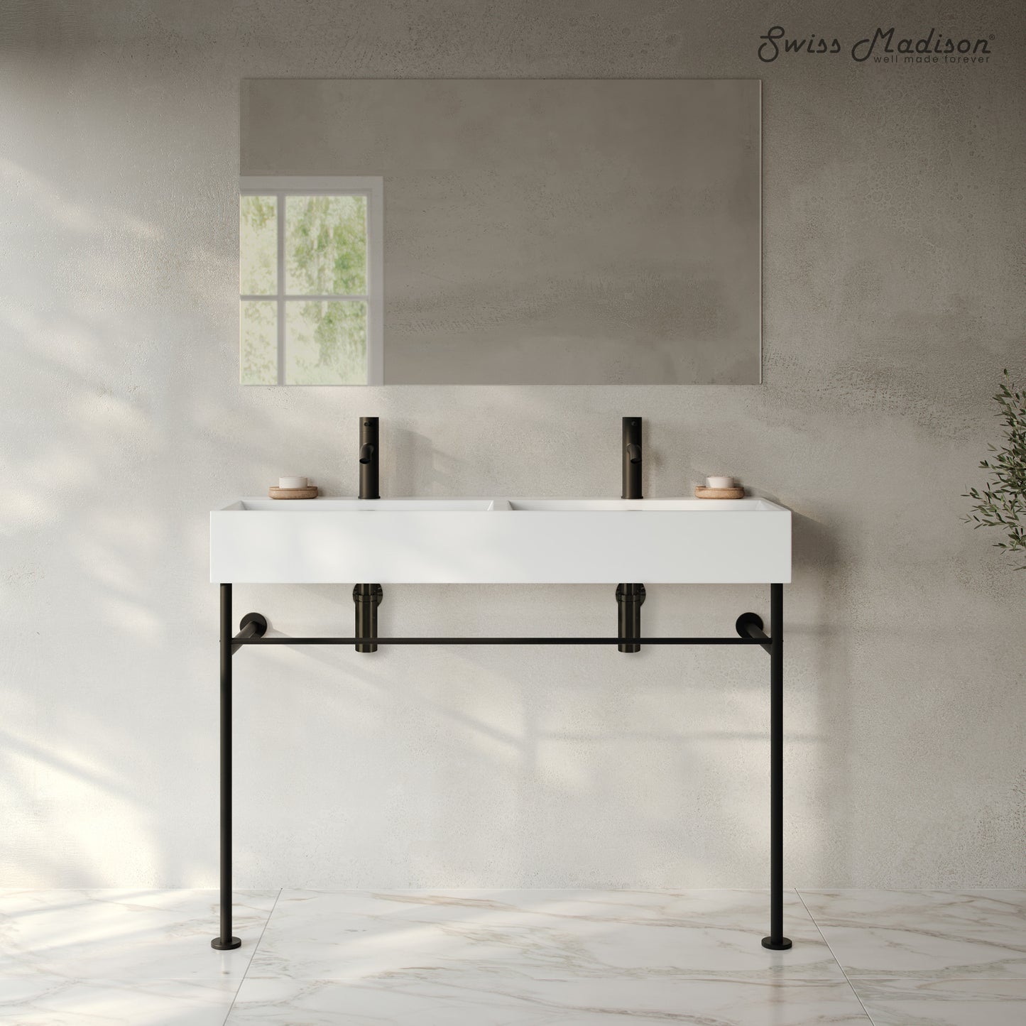 Swiss Madison, Claire 48" Double Basin Console Sink with Matte Black Legs