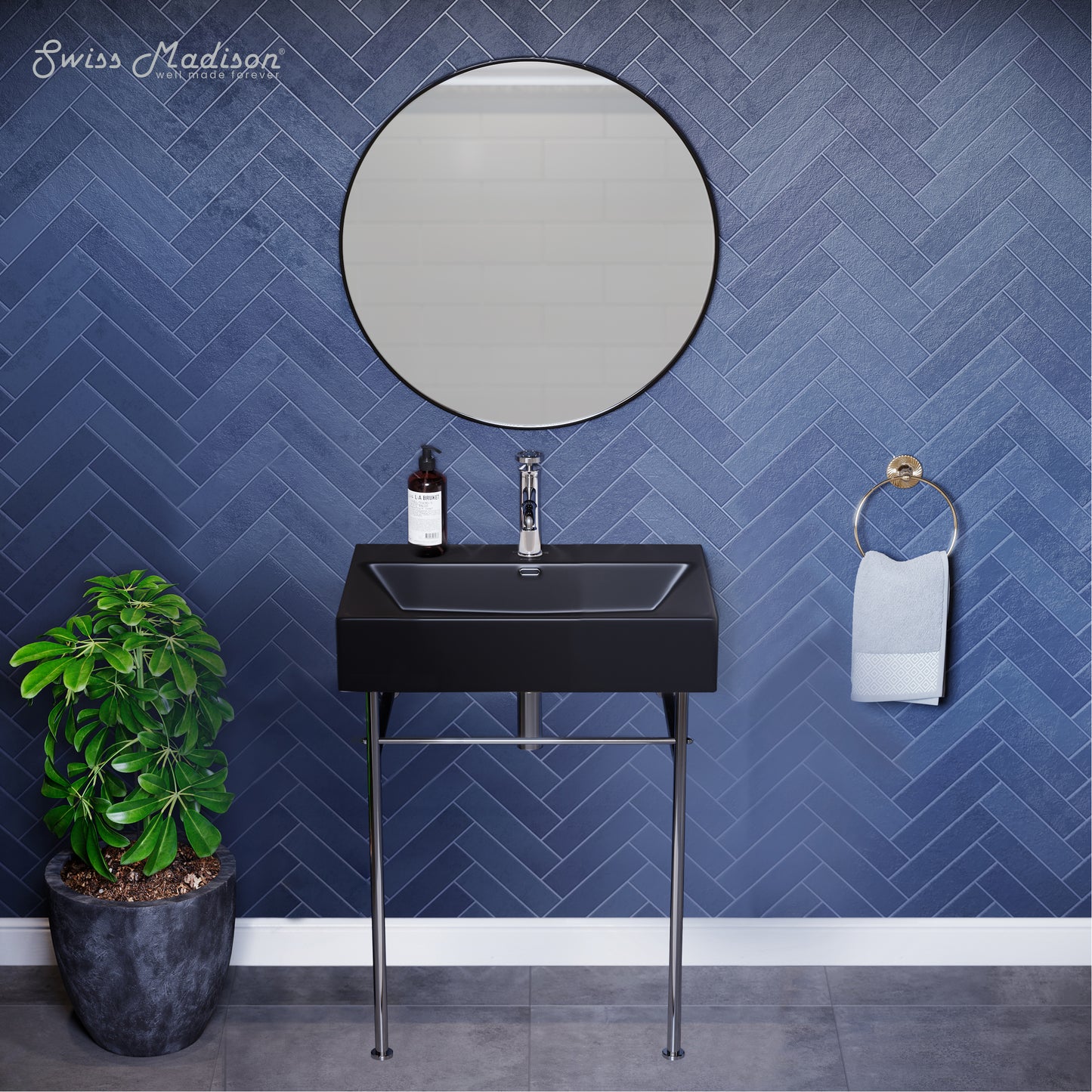 Swiss Madison, Claire 24 Ceramic Console Sink Matte Black Basin Chrome Legs