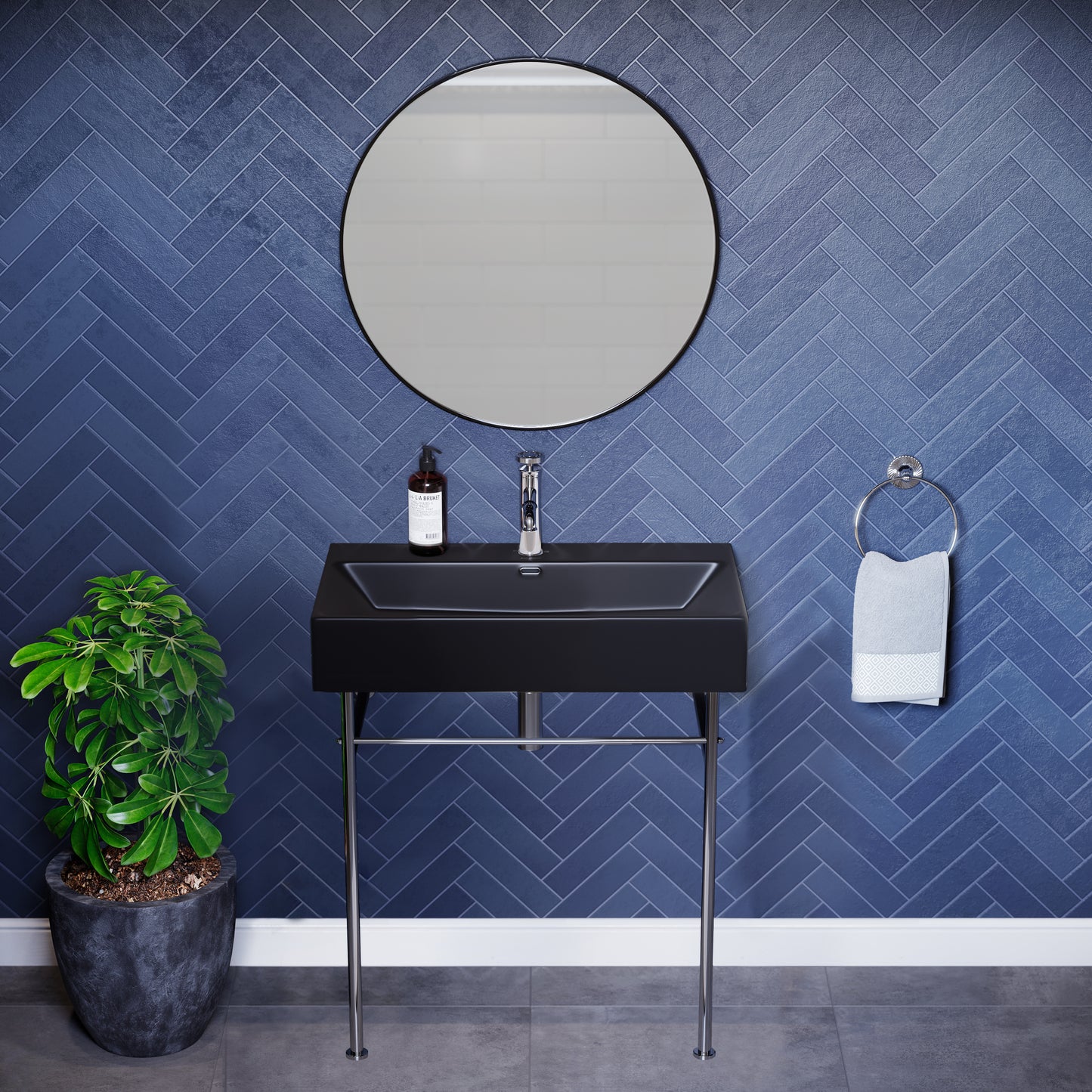 Swiss Madison, Claire 30 Ceramic Console Sink Matte Black Basin Chrome Legs