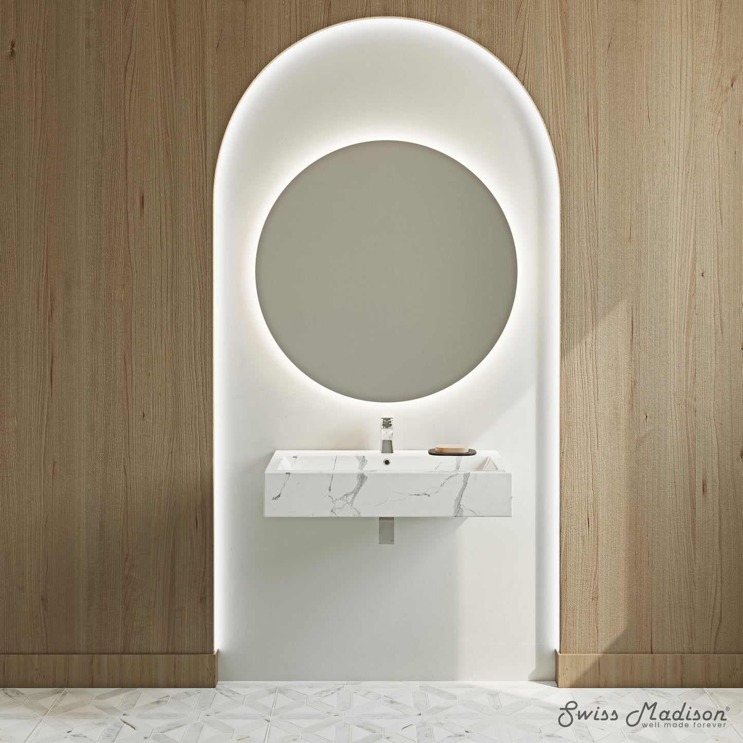 Swiss Madison, Voltaire Wide Rectangle Wall Hung Sink in White Marble