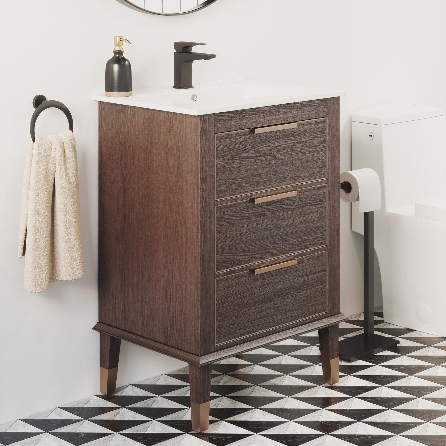 Swiss Madison, Hugo 24" Freestanding Bathroom Vanity in Brown Oak with Sink Top