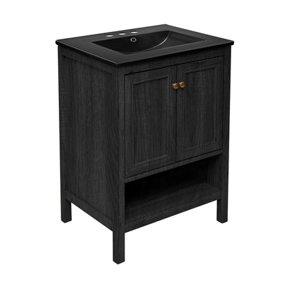 Swiss Madison, Chateau 24" Freestanding Bathroom Vanity in Black Oak with Black 3-Hole Centerset Sink Top