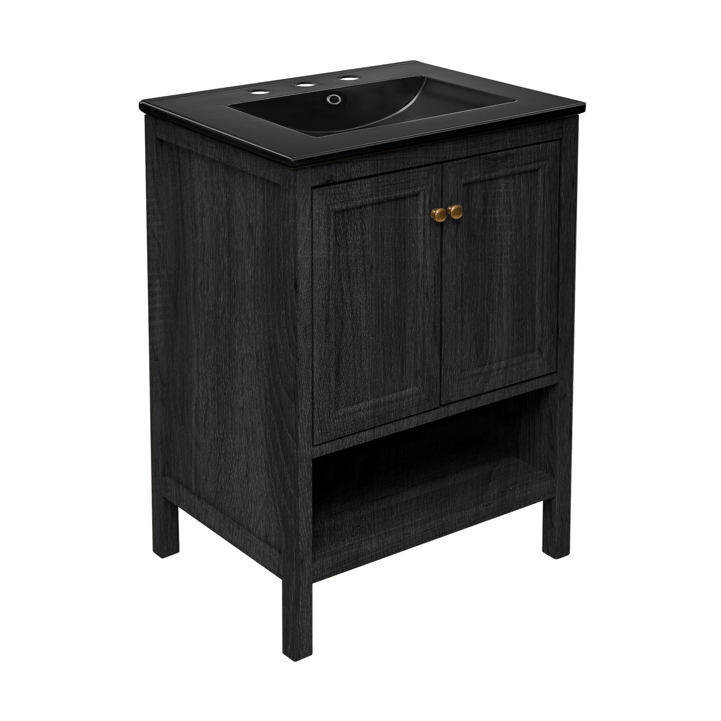 Swiss Madison, Chateau 24" Freestanding Bathroom Vanity in Black Oak with Black 3-Hole Widespread Sink Top