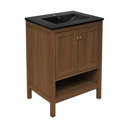 Swiss Madison, Chateau 24" Freestanding Bathroom Vanity in Brown Oak with Black Sink Top