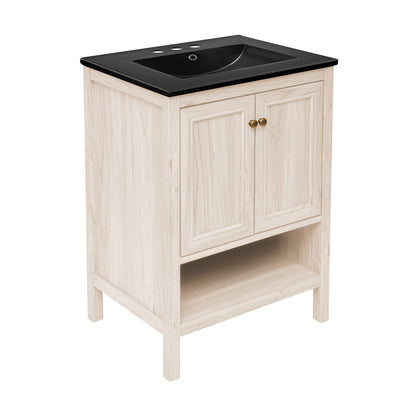 Swiss Madison, Chateau 24" Freestanding Bathroom Vanity in White Oak with Black 3-Hole Centerset Sink Top