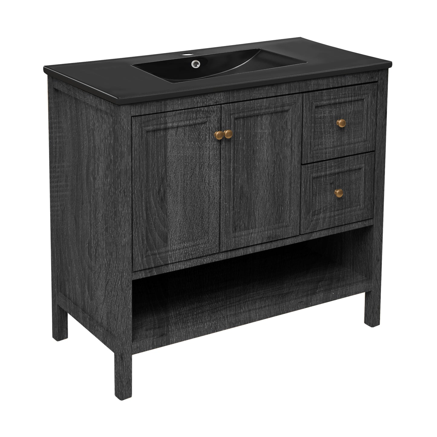 Swiss Madison, Chateau 36" Freestanding Bathroom Vanity in Black Oak with Black Sink Top