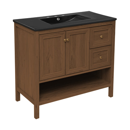 Swiss Madison, Chateau 36" Freestanding Bathroom Vanity in Brown Oak with Black 3-Hole Widespread Sink Top