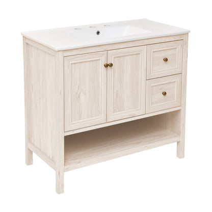 Swiss Madison, Chateau 36" Freestanding Bathroom Vanity in White Oak with 3-Hole Widespread Sink Top
