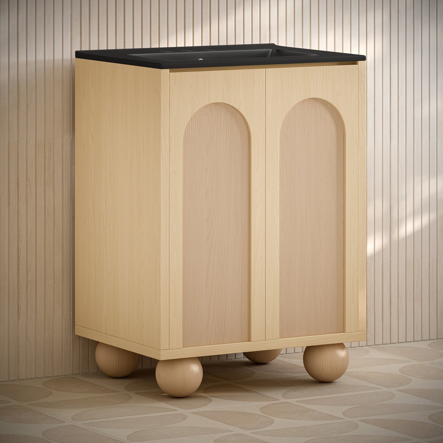 Swiss Madison, Plaisir II 24" Freestanding Bathroom Vanity in Natural Oak with Black 3-Hole Centerset Sink Top