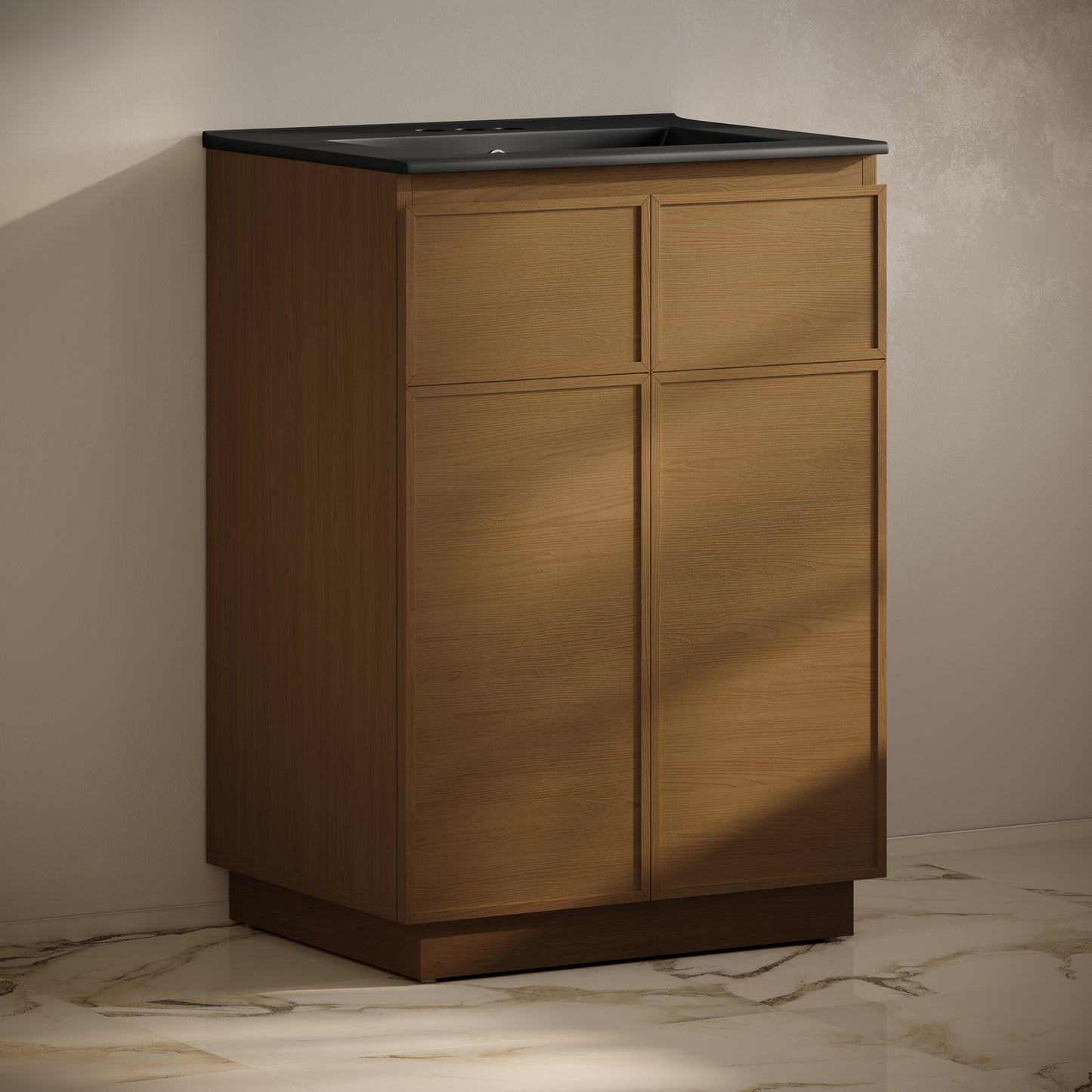 Swiss Madison, St. Tropez 24" Freestanding Bathroom Vanity in Brown Oak with Black 3-Hole Centerset Sink Top