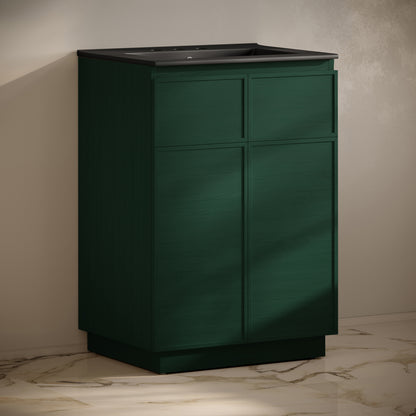 Swiss Madison, St. Tropez 24" Freestanding Bathroom Vanity in Green Oak with Black 3-Hole Widespread Sink Top
