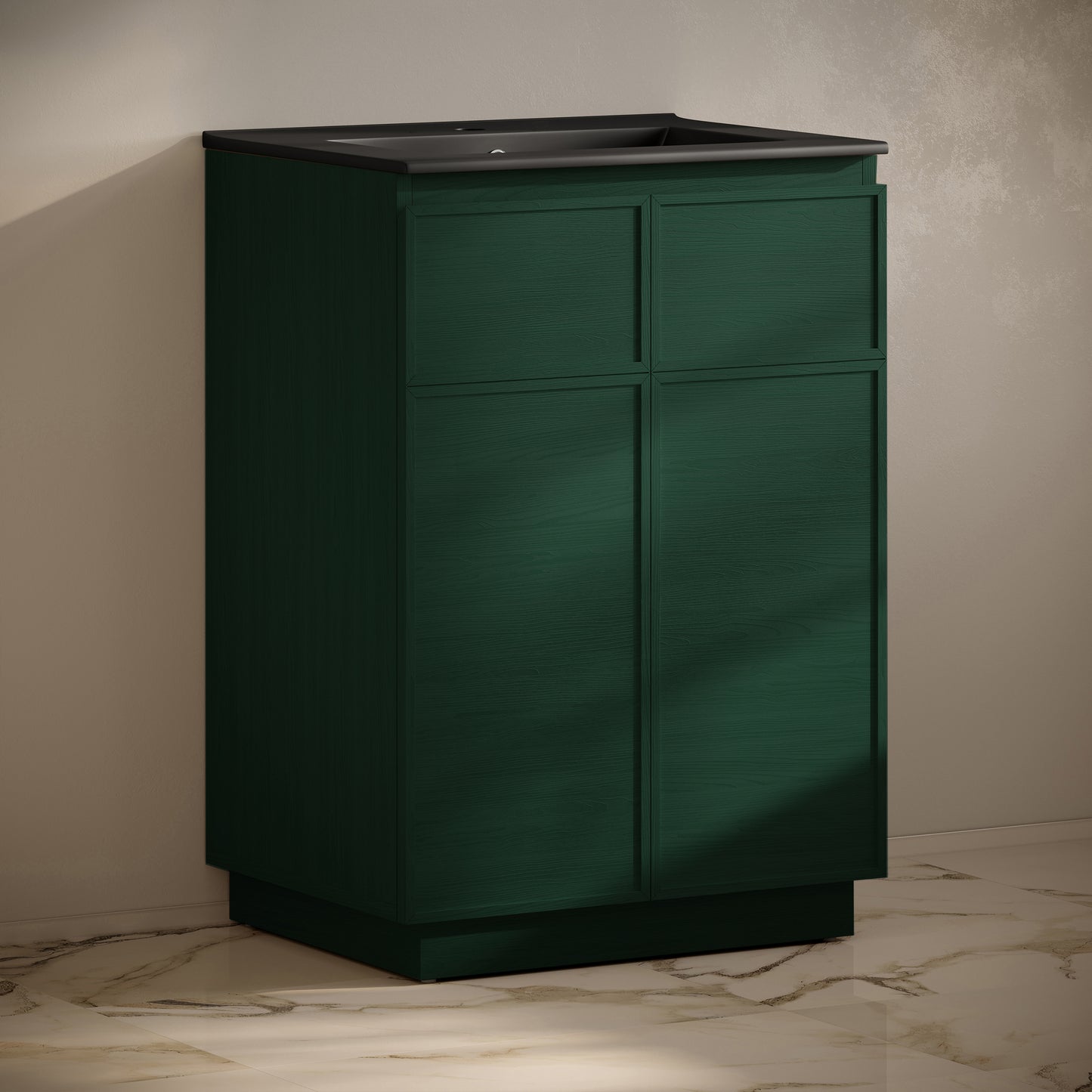 Swiss Madison, St. Tropez 24" Freestanding Bathroom Vanity in Green Oak with Black Sink Top