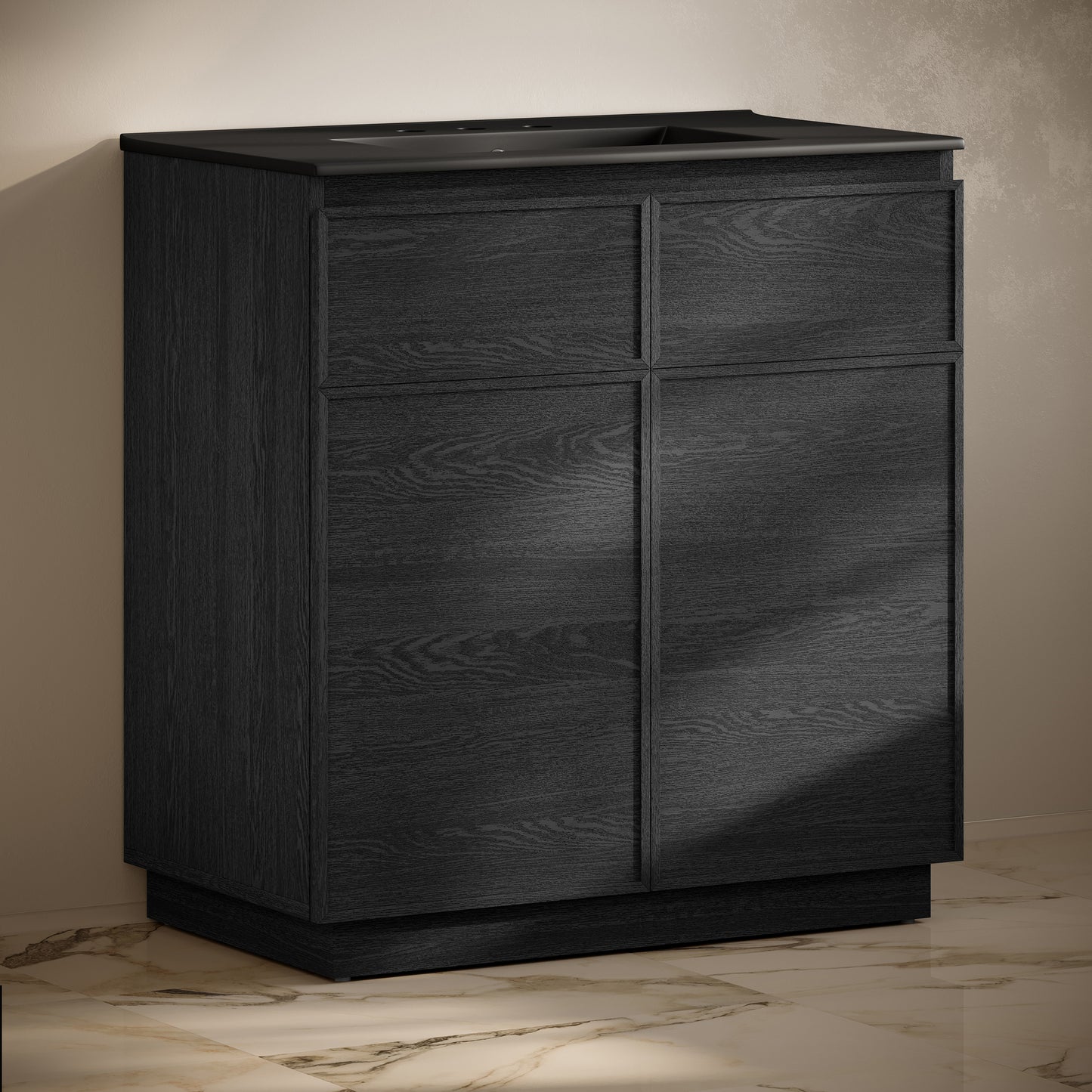 Swiss Madison, St. Tropez 36" Freestanding Bathroom Vanity in Black Oak with Black 3-Hole Widespread Sink Top
