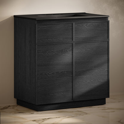 Swiss Madison, St. Tropez 36" Freestanding Bathroom Vanity in Black Oak with Black 3-Hole Widespread Sink Top
