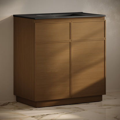 Swiss Madison, St. Tropez 36" Freestanding Bathroom Vanity in Brown Oak with Black Sink Top