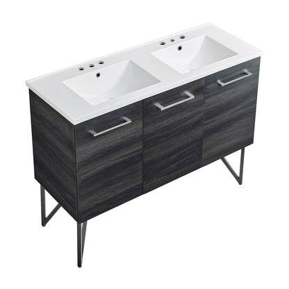 Swiss Madison, Annecy 48 in. Black Walnut, Double Basin Bathroom Vanity With White, 3-Hole Ceramic Sink Top
