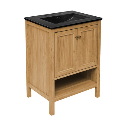 Swiss Madison, Chateau 24" Freestanding Bathroom Vanity in Golden Oak with Black 3-Hole Centerset Sink Top