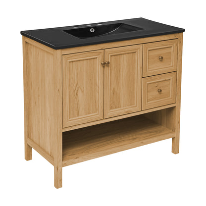 Swiss Madison, Chateau 36" Freestanding Bathroom Vanity in Golden Oak with Black 3-Hole Widespread Sink Top