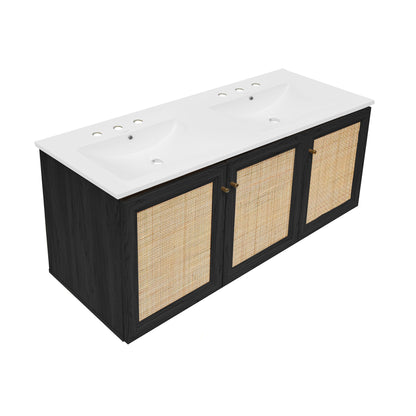 Swiss Madison, Classe 48" Wall-Mounted Bathroom Vanity in Black Oak with 3-Hole Widespread Double Basin Sink Top