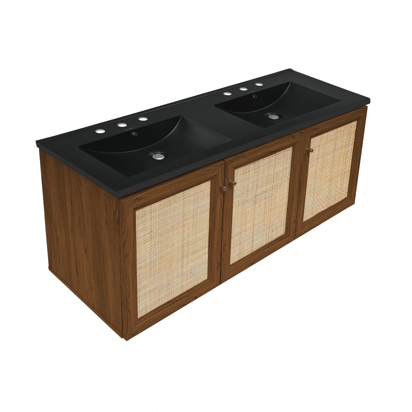 Swiss Madison, Classe 48" Wall-Mounted Bathroom Vanity in Brown Oak with Black 3-Hole Widespread Double Basin Sink Top