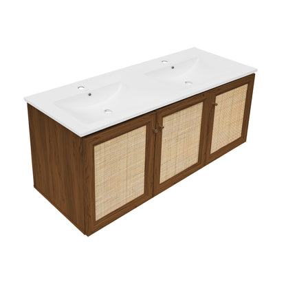 Swiss Madison, Classe 48" Wall-Mounted Bathroom Vanity in Brown Oak with Double Basin Sink Top