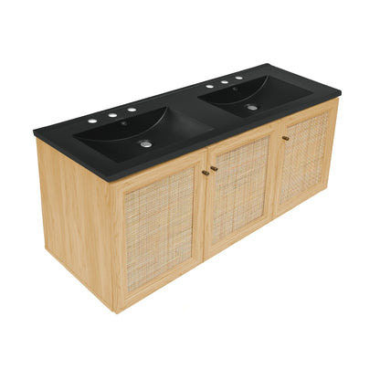 Swiss Madison, Classe 48" Wall-Mounted Bathroom Vanity in Natural Oak with Black 3-Hole Widespread Double Basin Sink Top