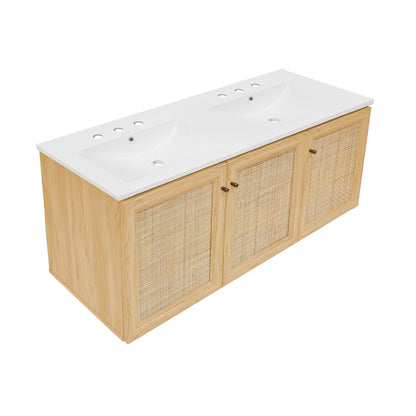 Swiss Madison, Classe 48" Wall-Mounted Bathroom Vanity in Natural Oak with 3-Hole Widespread Double Basin Sink Top