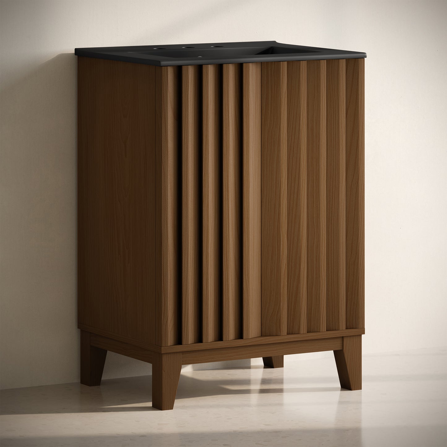 Swiss Madison, Troyes 24" Freestanding Bathroom Vanity in Brown Oak with Black 3-Hole Widespread Sink Top