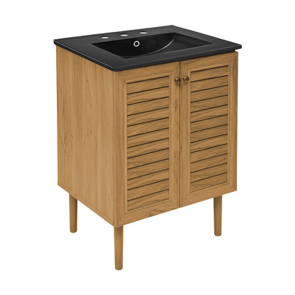 Swiss Madison, Bron 24" Freestanding Bathroom Vanity in Golden Oak with Black 3-Hole Centerset Sink Top