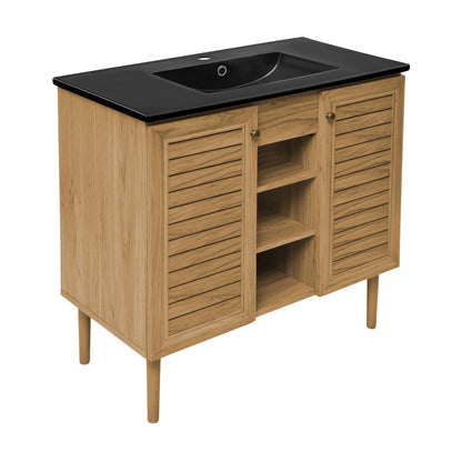 Swiss Madison, Bron 36" Freestanding Bathroom Vanity in Golden Oak with Black Sink Top
