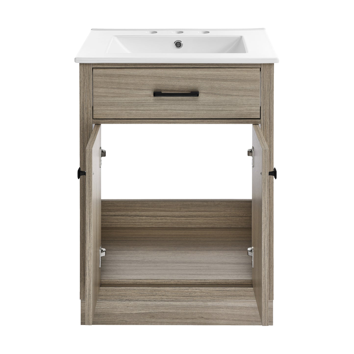 Swiss Madison, Burdon 24 in. Brown Oak Bathroom Vanity With White, 3-Hole Ceramic Sink Top