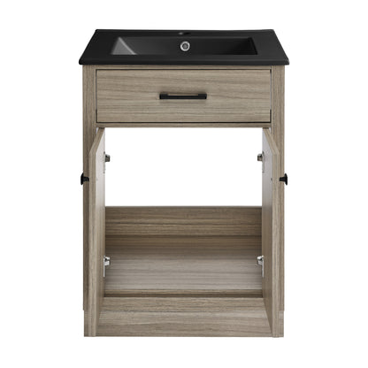 Swiss Madison, Burdon 24 in. Brown Oak Bathroom Vanity With Black Ceramic Sink Top